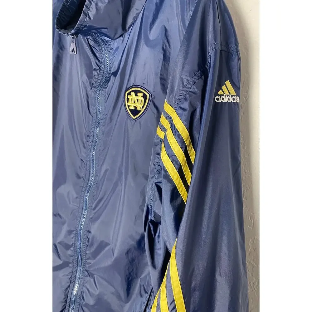 Adidas Men's Blue Windbreaker Jacket Gold Notre Dame Letters/Stripes‎ ND Patch